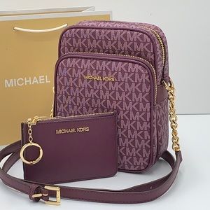 MICHAEL KORS JET SET TRAVEL MD ZIP POUCHETTE SHOULDER CROSSBODY BAG MK  BORDEAUX